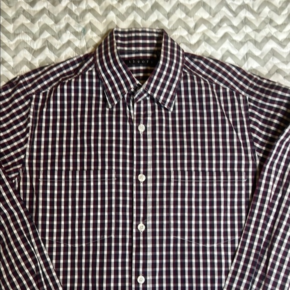 Theory Women's Plaid Button Down Shirt Purple Blue White sz XS - Picture 4 of 9